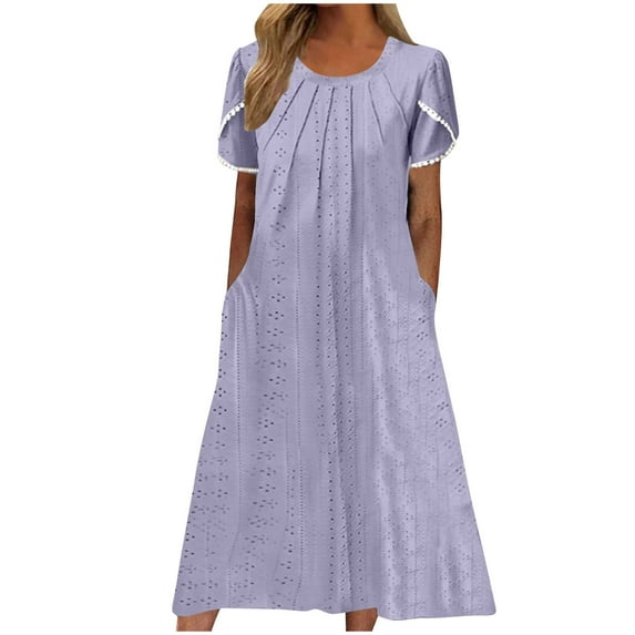 ATOYSOY Women's Round Neck Pockets Tea Length A Line Dress Solid Color Petal Sleeve Beach Sundress Retro Elegant Casual Eyelet Trendy Dress for Girls Purple S