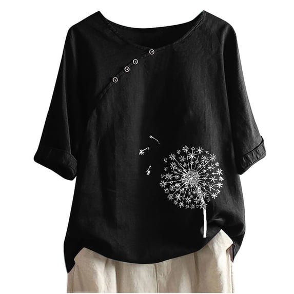ATOYSOY Women's Round Neck Pullover Cotton Lined Loose Tops Short Sleeve Button T Shirts Causal Workout Comfy Retro Summer Saving Trendy Floral Graphic Tees for Girls Black M