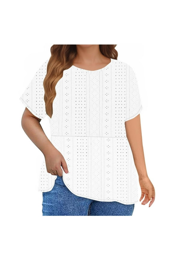Women's Round Neck Pullover Eyelet Plus Size Tops Loose Tunic Solid Color Tees Trendy Causal Workout Comfy Retro Short Sleeve T Shirts for Girls White XXXXL