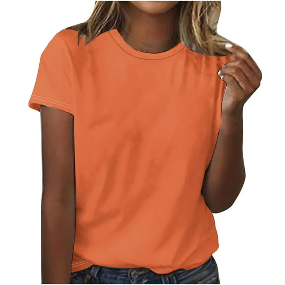 ATOYSOY Women's Round Neck Pullover Loose Basic Tops Regular Fit Trendy Causal Workout Comfy Short Sleeve T Shirts Solid Color Tees Retro for Girls Orange M