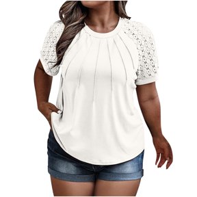 ATOYSOY Women's Round Neck Pullover Plus Size Raglan Tops Loose Tunic Lace Crochet Splicing Pleated Tees Trendy Short Sleeve T Shirts Causal Workout for Girls White
