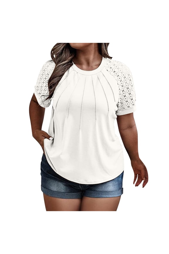 Women's Round Neck Pullover Plus Size Raglan Tops Loose Tunic Lace Crochet Splicing Pleated Tees Trendy Short Sleeve T Shirts Causal Workout for Girls White