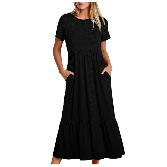 ATOYSOY Women's Round Neck Tea Length A Line Dress Pockets Beach Elegant Casual Ruffle Hem Short Sleeve Retro Drop Waist Tiered Workout Dress for Girls Black