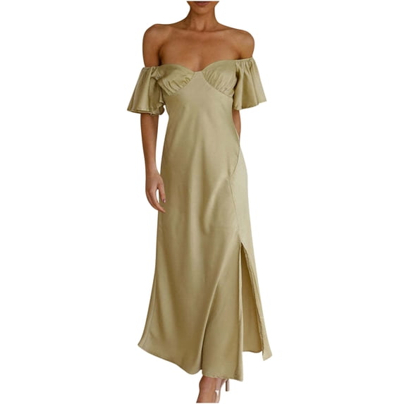 ATOYSOY Women's Satin Tea Length Split Dress Solid Color Off Shoulder V Neck Boho Beach Cotton Lined Elegant Casual Trendy Workout Clearance Summer Sundress Retro Green