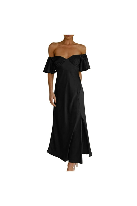 Women's Satin Tea Length Split Dress Solid Color Off Shoulder V Neck Boho Beach Cotton Lined Elegant Casual Trendy Workout Summer Sundress Retro Black