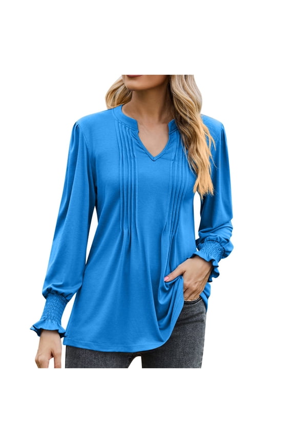 Women's Loose Pullover Dressy Casual Pleated Ruffle Tunic Fashion Workout Long Sleeve Basic Tees V Neck Blouses Activewear Fall Plus Size Tops Blue L