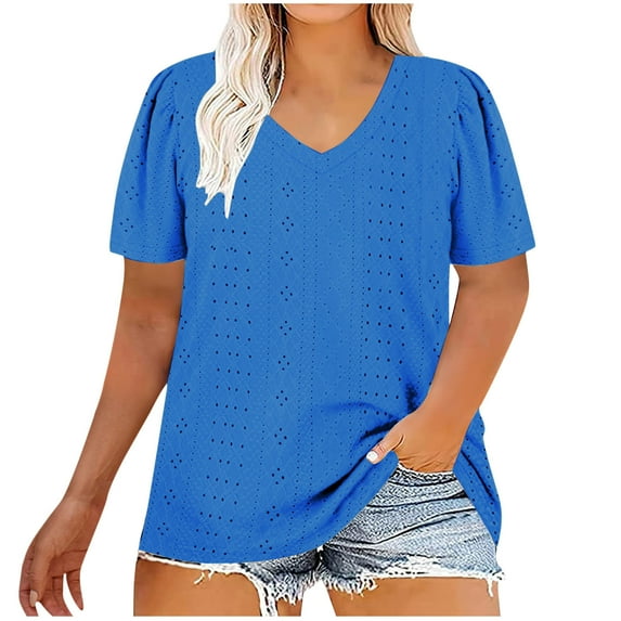 ATOYSOY Women's Solid Color Loose Pullover Dressy V Neck Blouses Fashion Workout Summer Plus Size Eyelet Tops Short Sleeve Basic Tees Casual Tunic Activewear Blue XXXXL