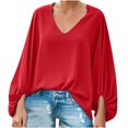 thumbnail image 1 of ATOYSOY Women's Solid Color Loose Pullover Dressy V Neck Blouses Lantern Sleeve Basic Tees Casual Elegant Tunic Fall Plus Size Tops Fashion Workout Activewear Red XL, 1 of 9