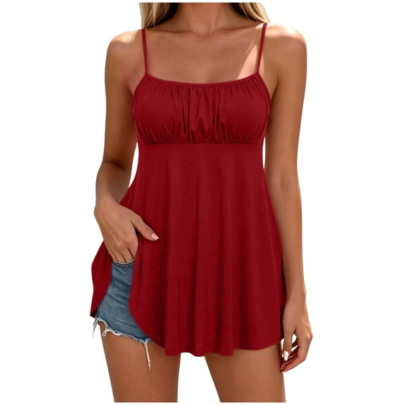 ATOYSOY Women’s Shirred Bust Spaghetti Strap Cami Top Geometric Neck A Line Flared Casual Tank Tops Breathable Apparel For Summer Vacation Wear