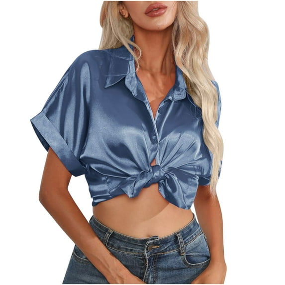 ATOYSOY Women's Short Sleeve Cropped Cardigan Satin Short Blazer Suit Versatile Lapel V Neck Bandage Jacket Solid Work Office Coat Trendy Business Attire Casual s Blue S