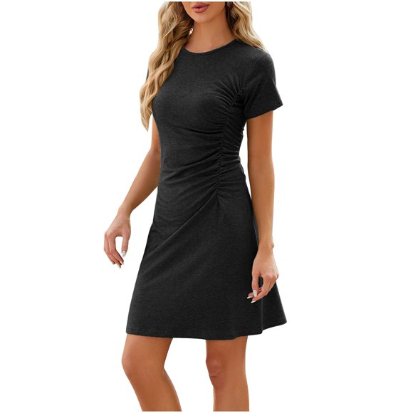 ATOYSOY Women's Short Sleeve Mini Loose Dress Pleated Cotton Lined Elegant Casual Relaxed Slim Retro Beach Sundress Trendy Round Neck Workout Dress for Girls Black