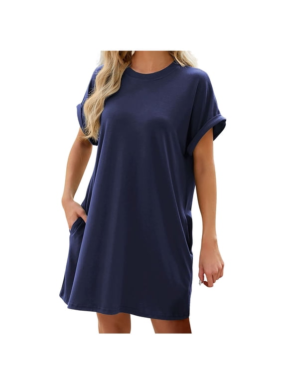 Women's Short Sleeve Mini Loose Dress Sleepwear Solid Color Casual Relaxed Nightdress Trendy Beach Sundress Round Neck Retro Workout Dress for Girls Blue M