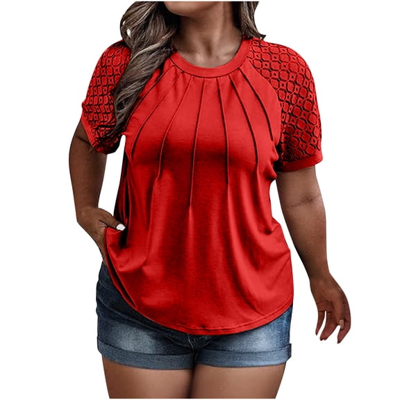 ATOYSOY Women's Short Sleeve T Shirts Plus Size Raglan Tops Loose Tunic Lace Crochet Splicing Pleated Tees Trendy Round Neck Pullover Causal Workout for Girls Red