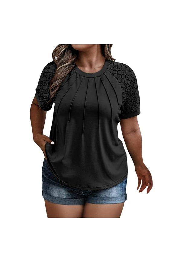 Women's Short Sleeve T Shirts Plus Size Raglan Tops Loose Tunic Trendy Round Neck Pullover Lace Crochet Splicing Pleated Tees Causal Workout for Girls Black