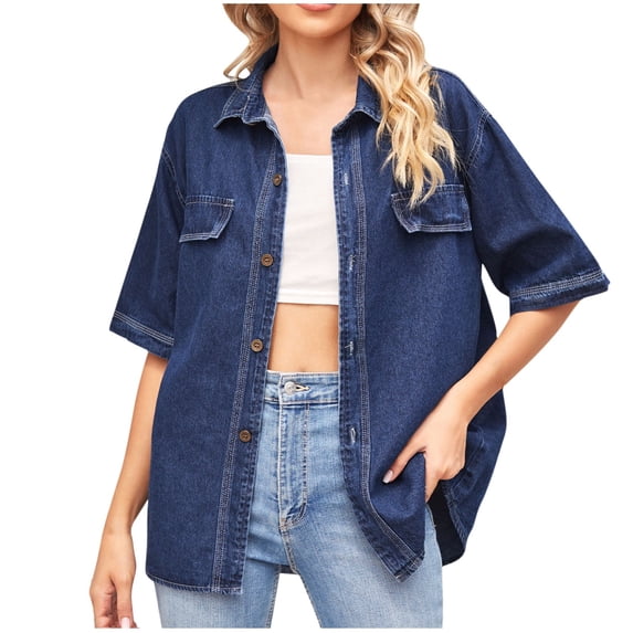 ATOYSOY Women's Short Sleeve Tees Loose Denim Jackets Fashion Workout Casual Retro Shirts Turn Down Collar Button Blouses Activewear Solid Color Cardigan Summer Blue M