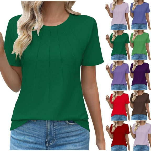 ATOYSOY Women's Short Sleeve Tops Cute Loose Dressy Tunic Shirts Fashion Clothes Business Tees Round Neck Pleated Blouses Summer Pullovers Casual Holiday Green L