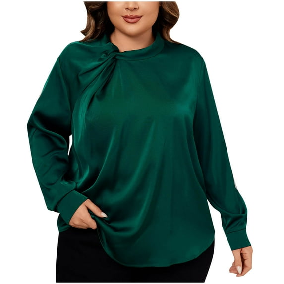 ATOYSOY Women's Silk Satin Mock Neck Ruched Front Long Sleeve Elegant Blouse Top Green XXXL