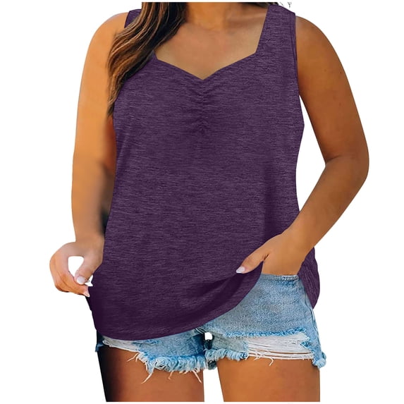 ATOYSOY Women's Sleeveless Basic Tees Summer Plus Size Tank Tops V Neck Blouses Activewear Fashion Workout Casual Pleated Tunic Loose Pullover Dressy Purple XL