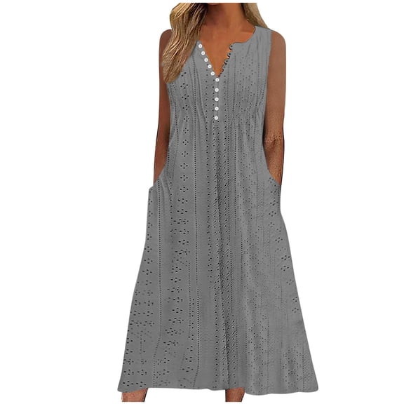 ATOYSOY Women's Sleeveless Button Tea Length A Line Dress Solid Color V Neck Pockets Beach Sundress Trendy Summer Saving Elegant Casual Eyelet Retro Dress for Girls Gray XXL