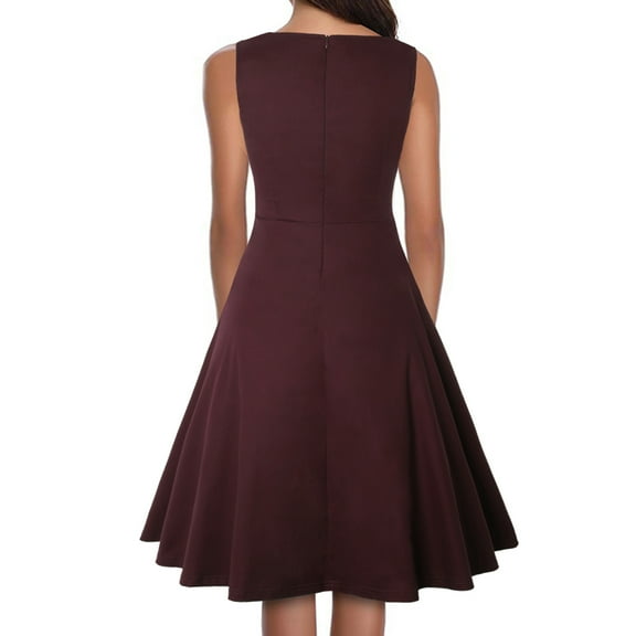 ATOYSOY Women's Sleeveless Knee Length A Line Dress Beach Sundress Elegant Cocktail Party Wedding Guest Dress Casual Lace Crew Neck Dress for Girls Wine S