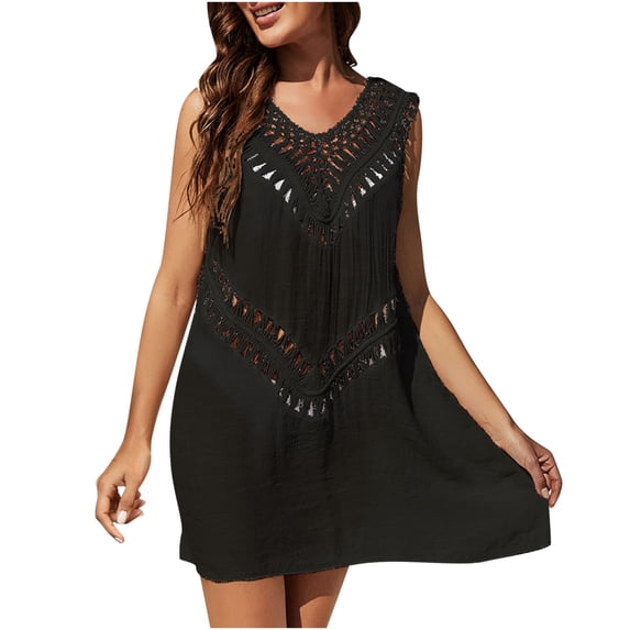 ATOYSOY Women's Sleeveless Loose Cover Up Mini Dress Solid Color Beach Sundress Casual Hawaii Relaxed Retro V Neck Trendy Workout Dress for Girls Black XXL