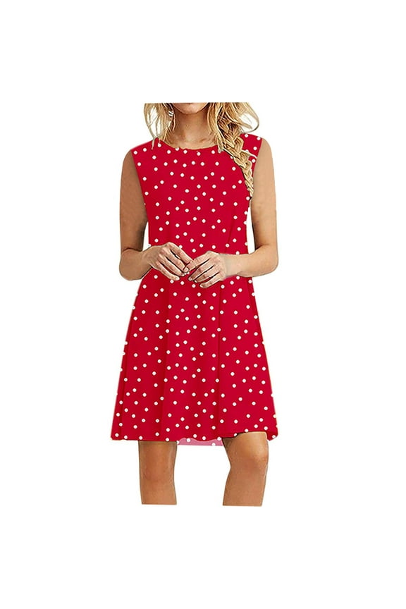 Women's Sleeveless Mini Loose Dress Pajamas Sleepwear Beach Sundress Trendy Round Neck Polka Dot Casual Relaxed Nighdress Retro Dress for Girls Red XXL