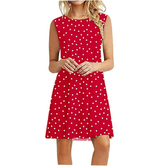 ATOYSOY Women's Sleeveless Mini Loose Dress Pajamas Sleepwear Beach Sundress Trendy Round Neck Polka Dot Casual Relaxed Nighdress Retro Dress for Girls Red XXL