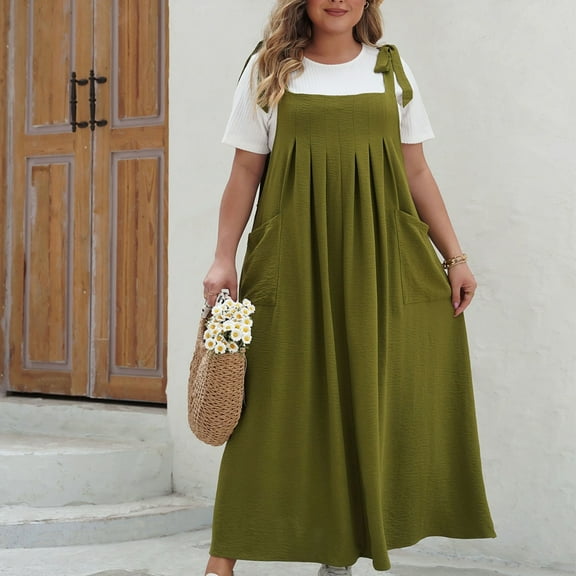 ATOYSOY Women's Sleeveless Plus Size Suspenders Maxi Dresses Baggy Beach Sundress Pleated Bandage Casual Pockets Ruched Square Neck Dress for Girls Green XXXL
