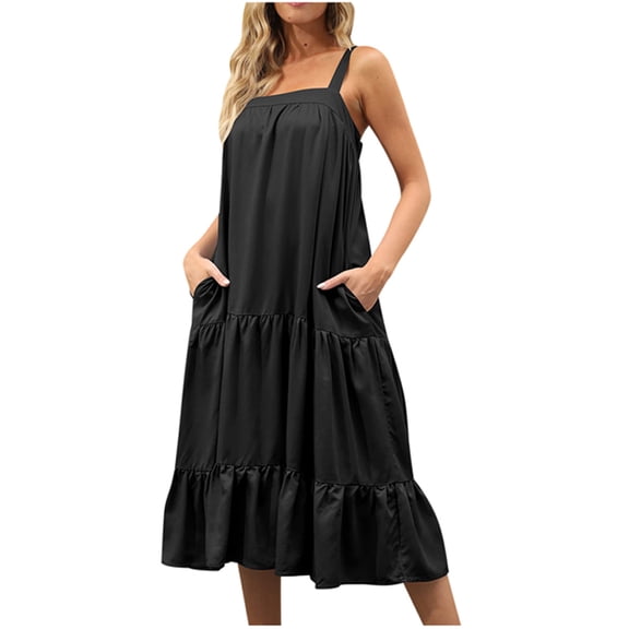 ATOYSOY Women's Sleeveless Suspenders Tea Length Dresses Drop Waist Tiered Beach Sundress Square Neck Pleated Elegant Casual Cotton Lined Ruffle Hem for Girls Black M