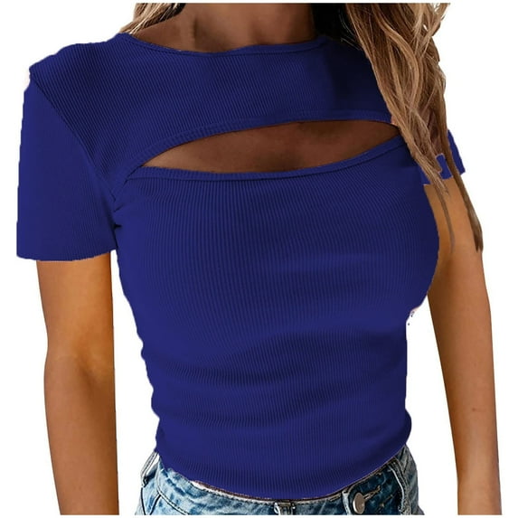 ATOYSOY Women's Slim Basic Cutout Tops Cotton Elegant Casual Solid Color Round Neck Retro for Teens Girls Summer Pullover Short Sleeve Fashion Shirts Blue XXL