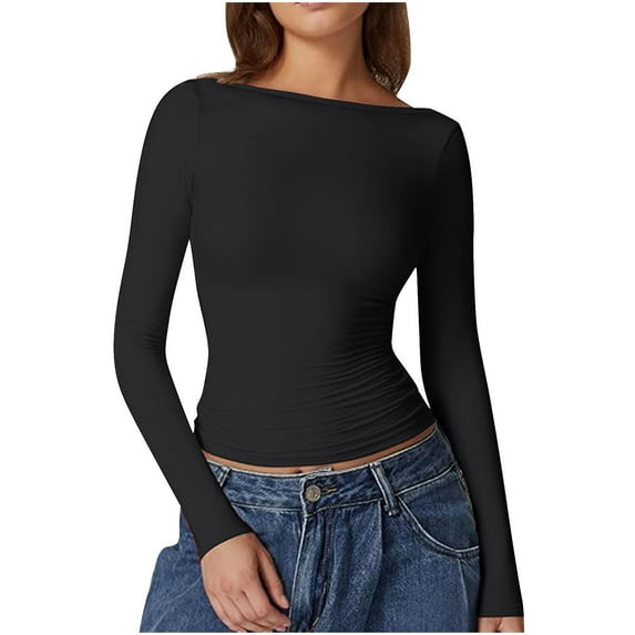 ATOYSOY Women's Slim Basic Tops Fashion Crew Neck Sweatshirts Casual Blouse Solid Color Pullover Spring Long Sleeve Shirts Winter Workout Black S