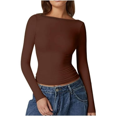 ATOYSOY Women's Slim Basic Tops Fashion Crew Neck Sweatshirts Casual Blouse Solid Color Pullover Spring Workout Long Sleeve Shirts Winter Clearance Brown XS