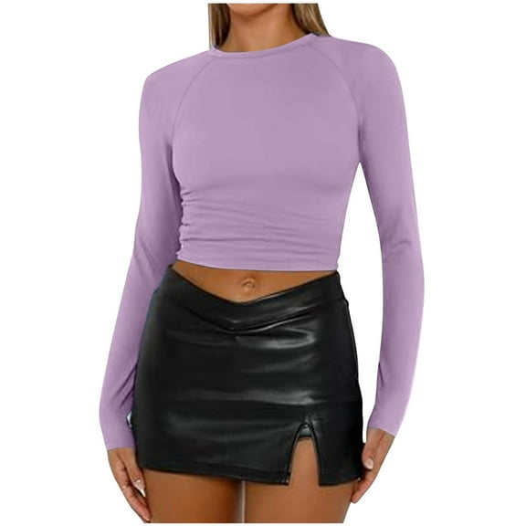 ATOYSOY Women's Slim Cropped Tops Fashion Solid Color Pullover Workout Crew Neck Sweatshirts Outwear Retro Casual Shirts Long Sleeve Tees Fall Winter Purple XXL