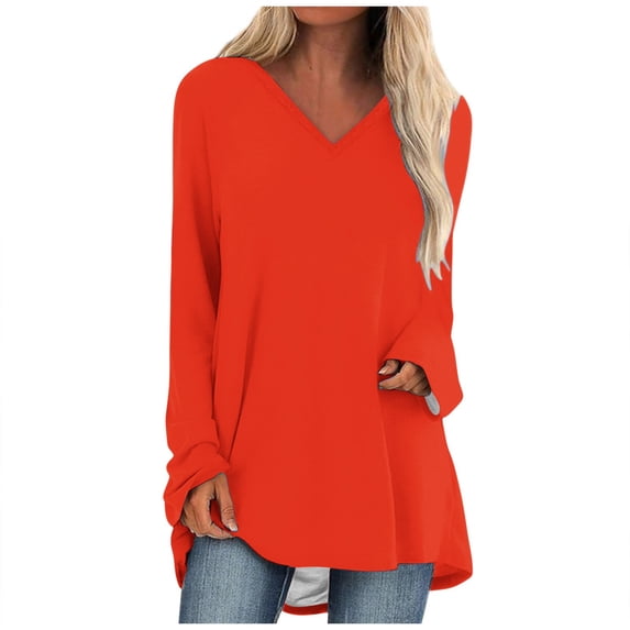 ATOYSOY Women's Solid Color Blouses Loose Basic Tops Dressy Tunic Relaxed Comfy Casual Workout V Neck Shirts Fall Long Sleeve Tees Trendy Orange S