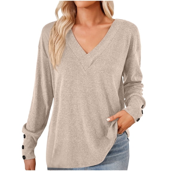 ATOYSOY Women's Solid Color Blouses Loose Basic Tops Workout Comfy Casual Button Down Relaxed Long Sleeve Pullovers V Neck Shirts Fall Trendy Beige L
