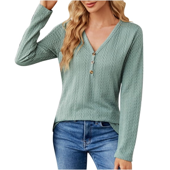 ATOYSOY Women's Solid Color Blouses Loose Tops Relaxed V Neck Shirts Fall Workout Comfy Casual Button Down Long Sleeve Pullovers Trendy Green L