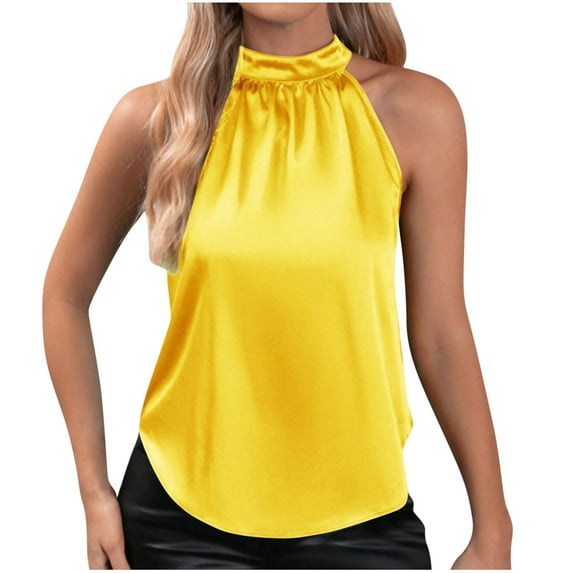 ATOYSOY Women's Solid Color Blouses Summer Sleeveless Pullovers Fashion Loose Basic Tank Tops Casual Elegant Satin Shirts Workout Hanging Neck Tees Activewear Yellow XL
