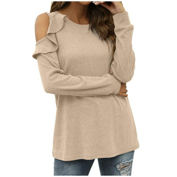 ATOYSOY Women's Solid Color Blouses Workout Elegant Loose Tops Dressy Tunic Trendy Casual Cold Shoulder Round Neck Ruffle Shirts Fall Long Sleeve Cotton Lined Tees Beige XL