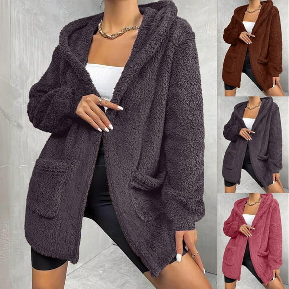 ATOYSOY Women's Solid Color Jackets Spring Loose Hoodie Tops with Pockets Workout Long Sleeve Shirts Winter Casual Blouse Fleece Open Front Cardigans Sweatshirts Brown L