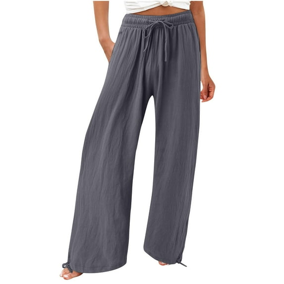 ATOYSOY Women's Solid Color Lounge Pants Workout Loose Trousers Trendy Casual Wide Leg Pants Elastic Waist Drawstrig Button Sports Athletic Summer Gray XXL