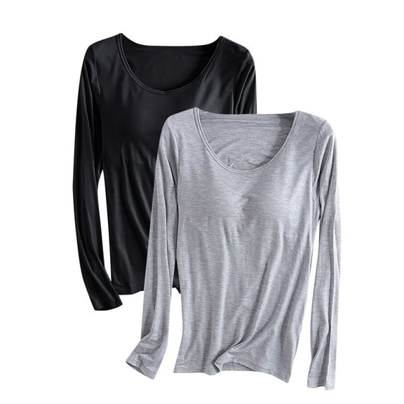 ATOYSOY Women's Solid Color Padded Pullover Retro Casual Cotton Shirts 2 Pack Slim Basic Tops Fashion Crew Neck Sweatshirts Outwear Long Sleeve Tees Fall Winter Gray XXXXL