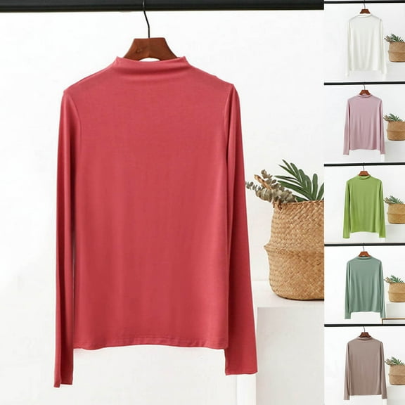 ATOYSOY Women's Solid Color Pullover Casual Cotton Shirts Outwear Fashion Slim Basic Tops High Neck Sweatshirts Long Sleeve Tees Fall Winter Green L