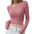 thumbnail image 1 of ATOYSOY Women's Solid Color Pullover Fashion Long Sleeve Tees Fall Winter Outwear Casual Fuzzy Shirts Slim Cropped Tops Crew Neck Sweatshirts Pink L, 1 of 6