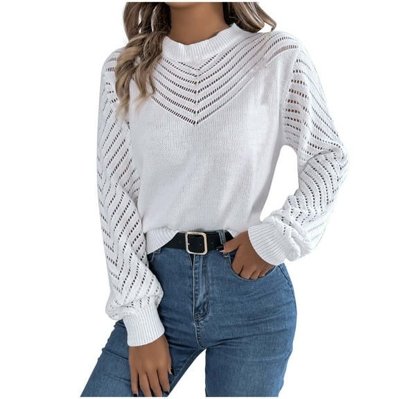 ATOYSOY Women's Solid Color Pullover Outwear Loose Tops Knitted Sweaters Crew Neck Sweatshirts Casual Shirts Hollow Out Fashion Lantern Sleeve Tees Fall Winter S