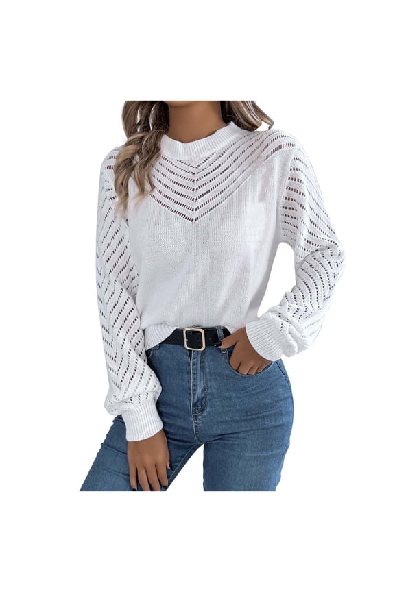 Women's Solid Color Pullover Outwear Loose Tops Knitted Sweaters Crew Neck Sweatshirts Casual Shirts Hollow Out Fashion Lantern Sleeve Tees Fall Winter S