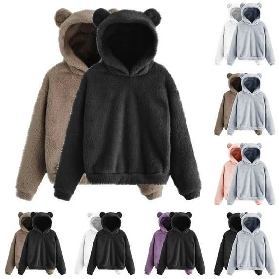 ATOYSOY Women's Solid Color Pullover Spring Casual Blouse Fleece Winter Thicken Workout Loose Hoodies Tops 2 Pack Crew Neck Sweatshirts Cute Ear Long Sleeve Shirts Winter Black L