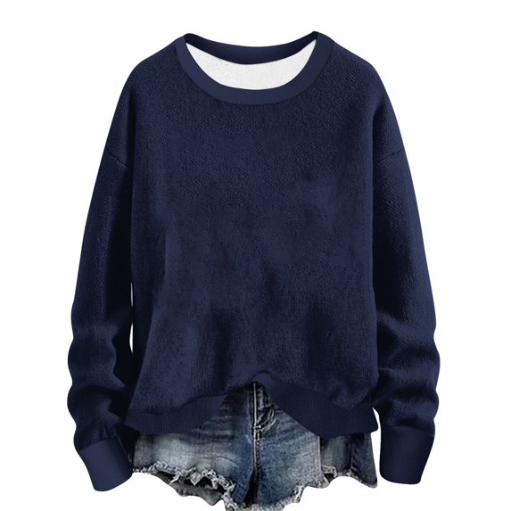 ATOYSOY Women's Solid Color Pullover Workout Crew Neck Sweatshirts Outwear Long Sleeve Tees Fall Winter Fashion Casual Ribbed Shirts Knitted Sweaters Loose Tops Blue L