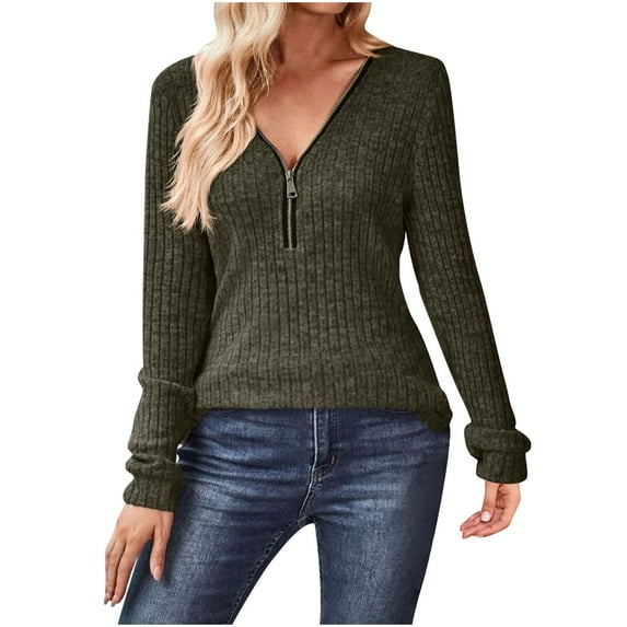 ATOYSOY Women's Solid Color Quarter Zipper Blouses V Neck Shirts Fall Relaxed Long Sleeve Pullovers Slim Ribbed Sweaters Tops Workout Casual Knitted Trendy Green XL