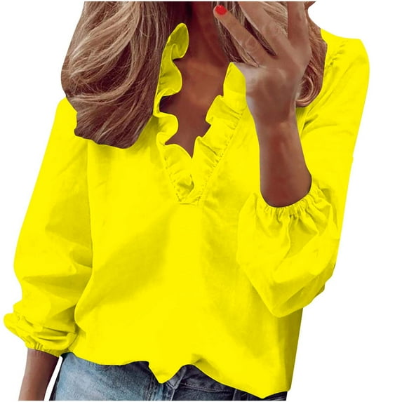ATOYSOY Women's Solid Color Ruffle Pullover Spring Long Sleeve Shirts Winter Loose Tops Workout V Neck Sweatshirts Fashion Casual Elegant Blouse Yellow L