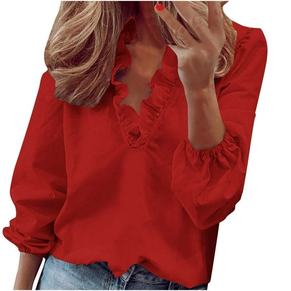 ATOYSOY Women's Solid Color Ruffle Pullover Spring Long Sleeve Shirts Winter V Neck Sweatshirts Fashion Workout Loose Tops Casual Elegant Blouse Red L